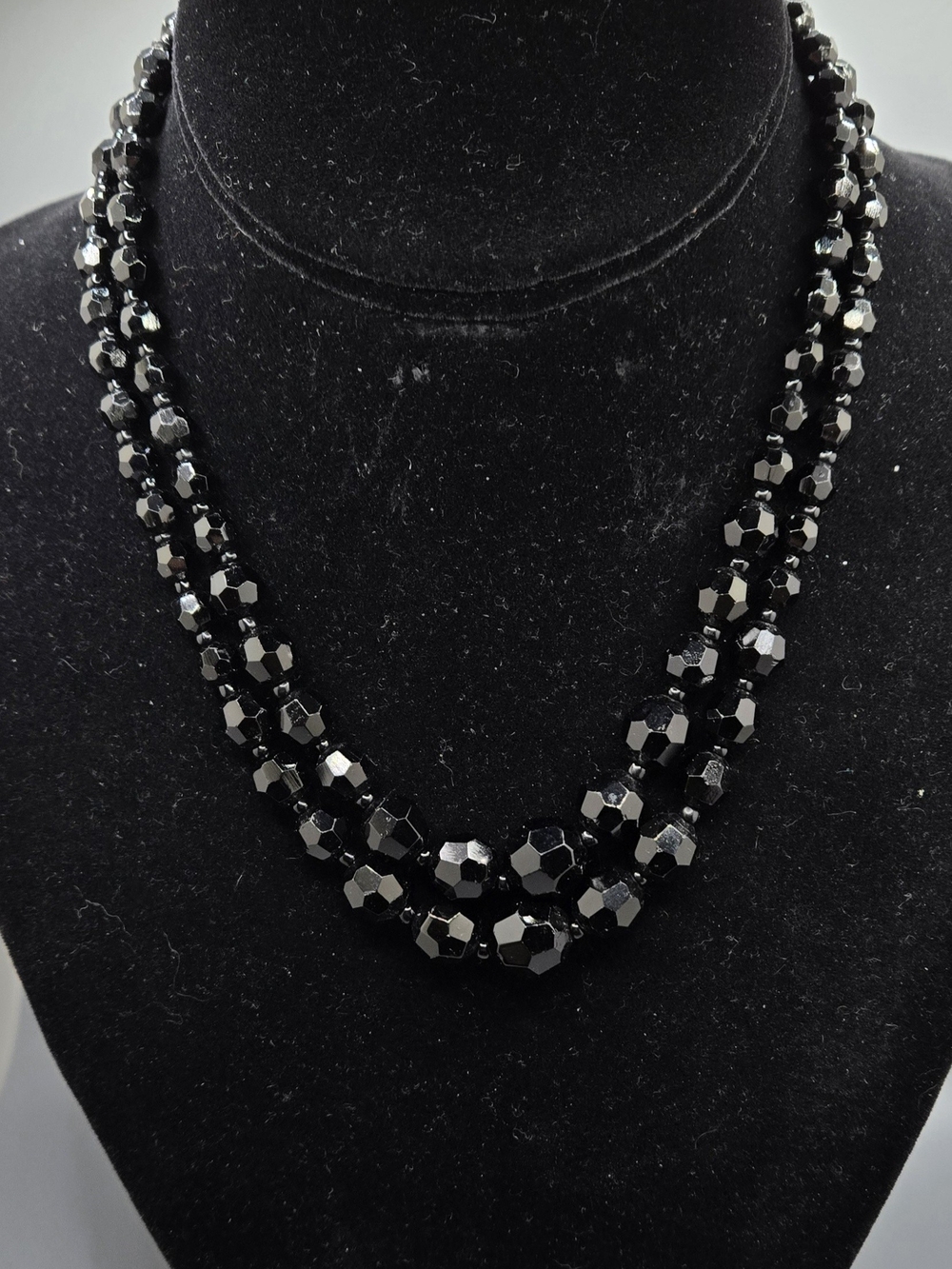 W Germany Necklace Double Strand Black Faceted Glass Crystal